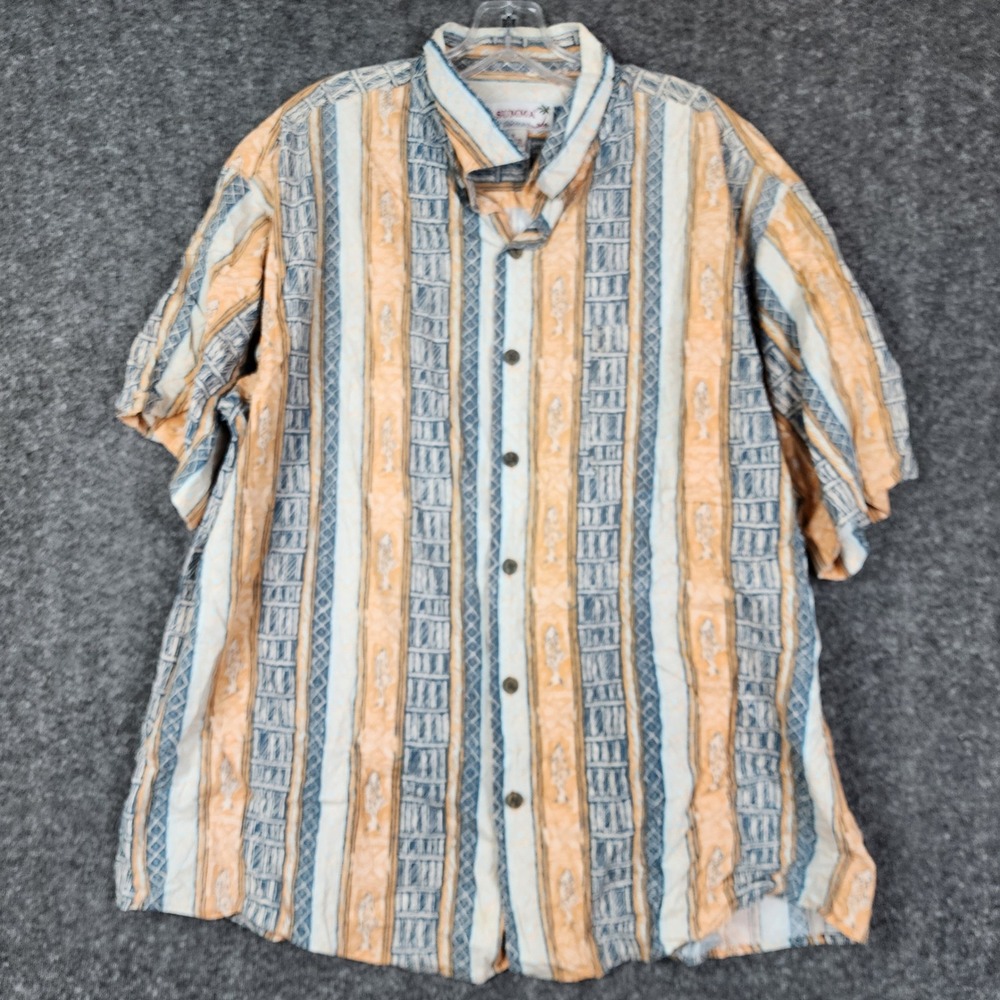 Summa‎ Button Down Shirt Mens XXL Orange Blue Tribal Fish Print Cotton Hawaiian